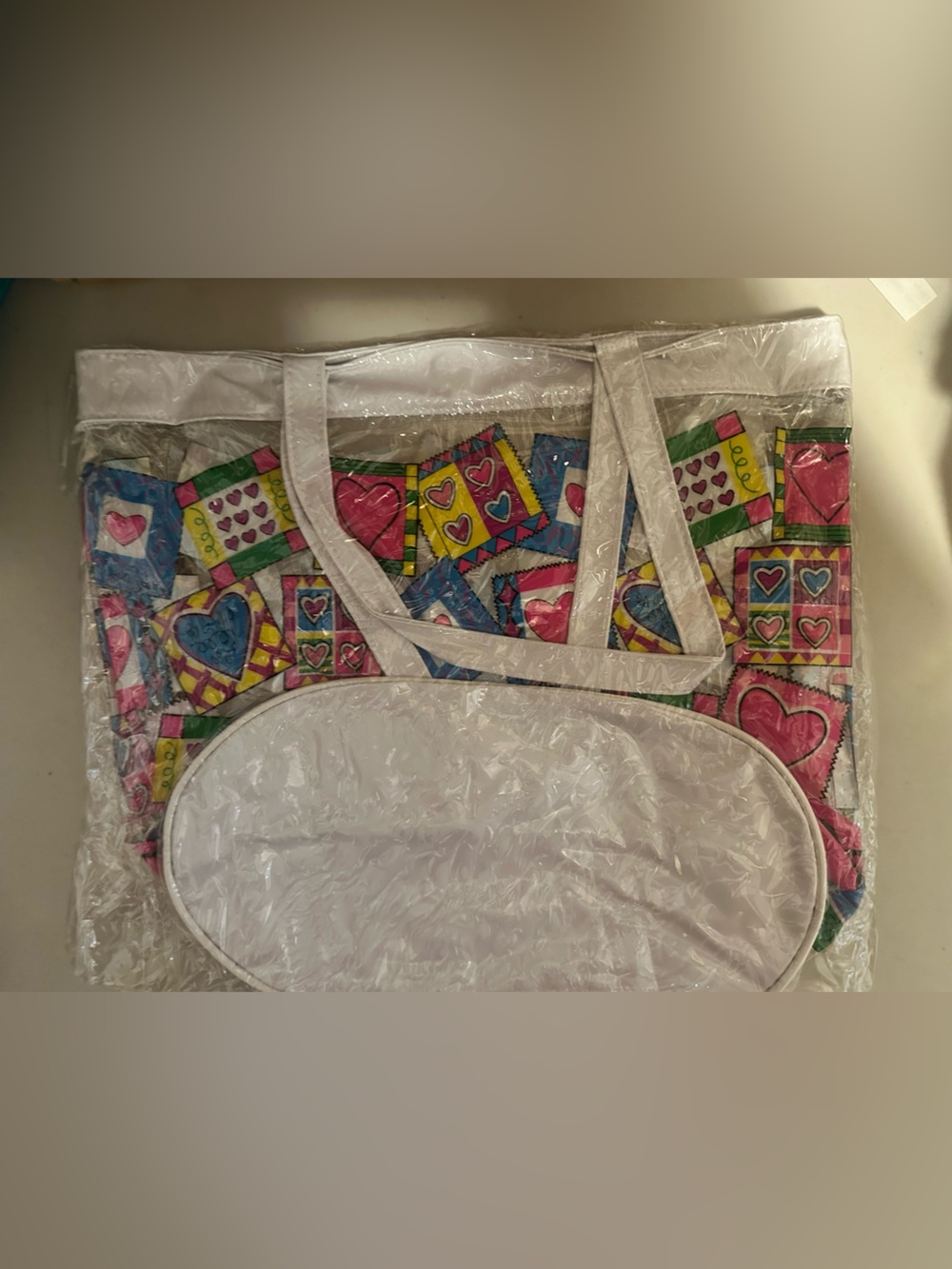 3 Pc Heart Print Reusable Tote Bag Set Choose Accent Color New - Picture 3 of 7